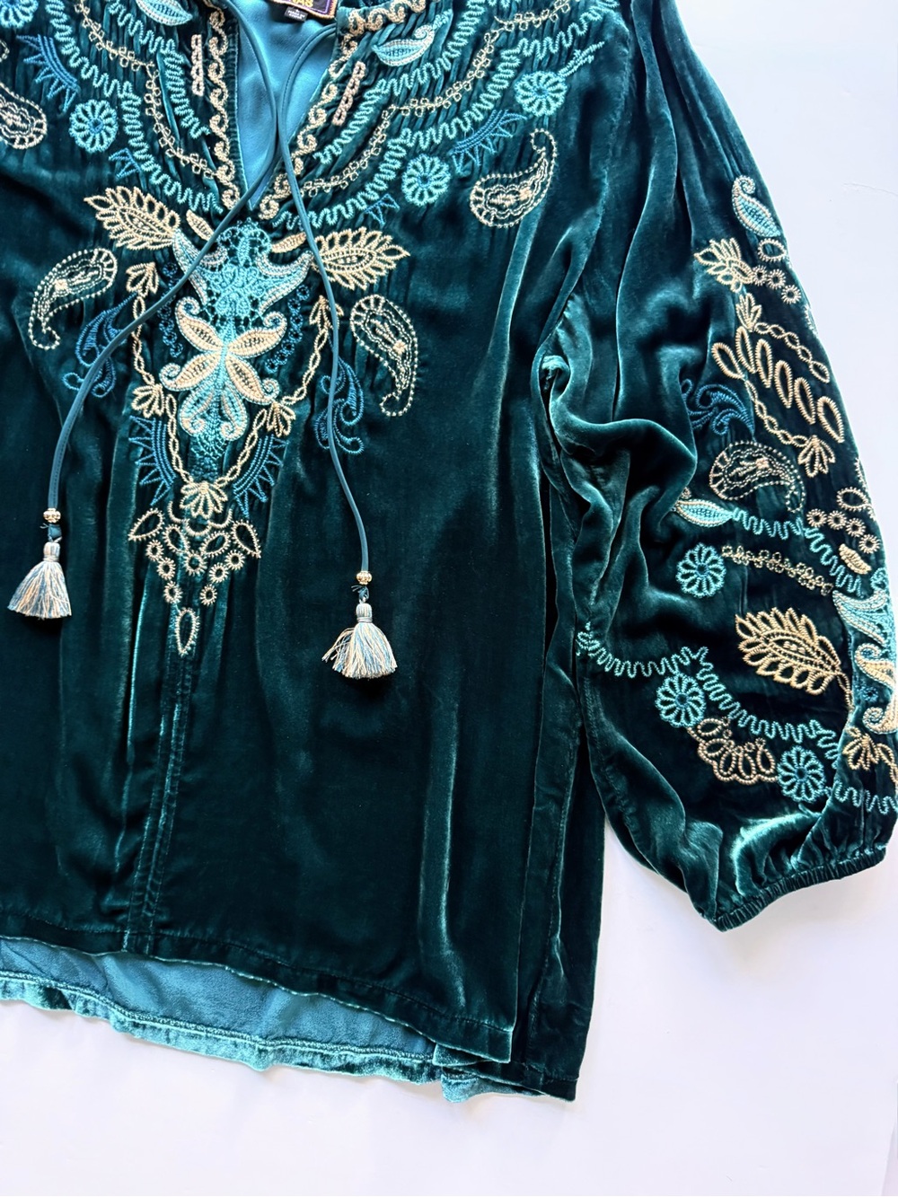 Johnny Was Shira Velvet Field Blouse Peacock Teal Blue Green L $348 - Picture 8 of 15